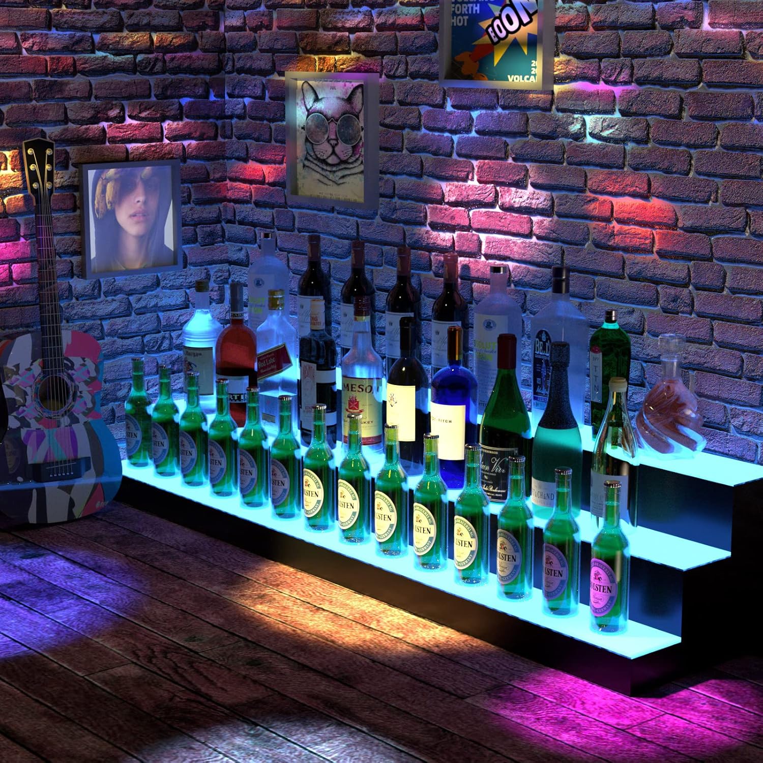 LED Liquor Bottle Display Shelf, 60 inch 3 Step Lighted Acrylic Lighted Bar Shelf for Home, Illuminated Home Bar Shelf, Acrylic Lighted Bottle Display Stand with Remote and APP Control