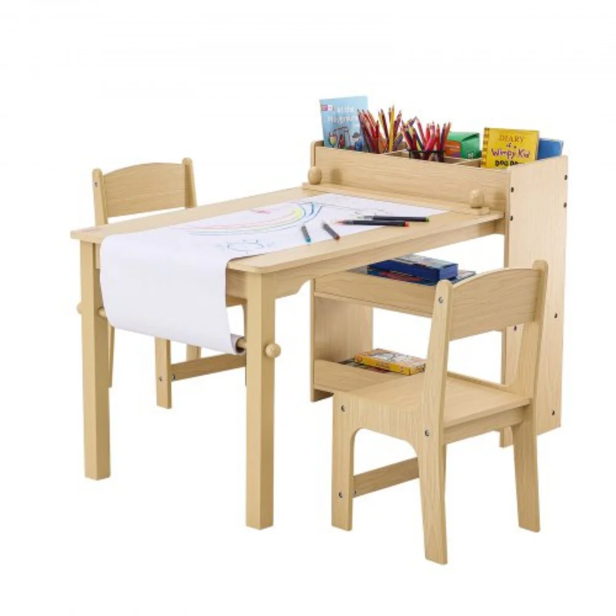 2-in-1 Wooden Toddler Craft and Play Activity Table Set Including 2 Chairs with Cabinet - 31.3x21.85x21.26 inch