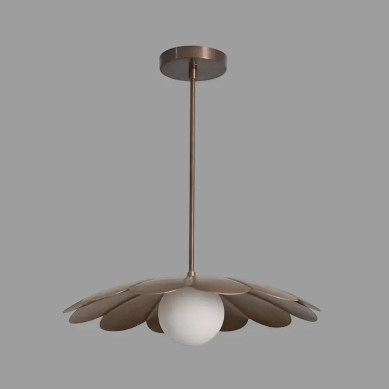 Petal Pendant Light, Brass Flower Pendant Chandelier, Mid Century Modern Ceiling Light, White Globe Shade, Handmade Hanging Light