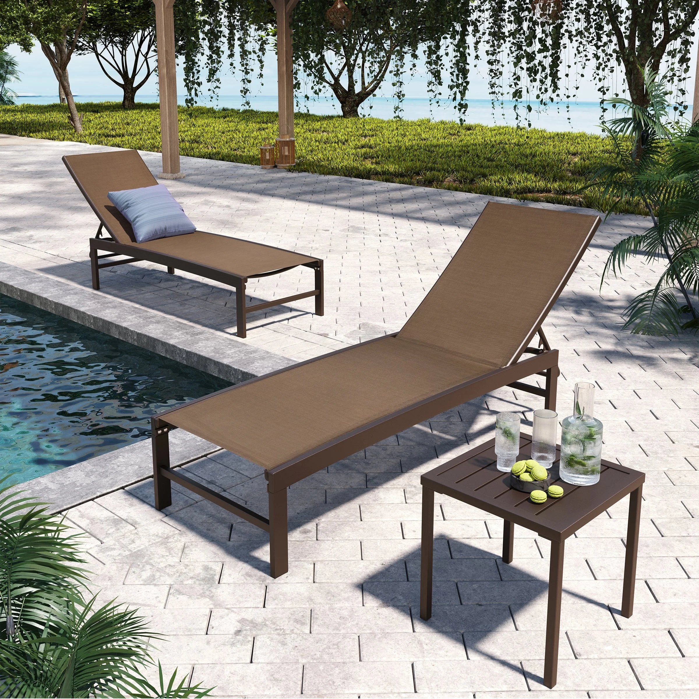 Pellebant Outdoor 3-piece Aluminum Adjustable Back Chaise Lounge with Side Table Set