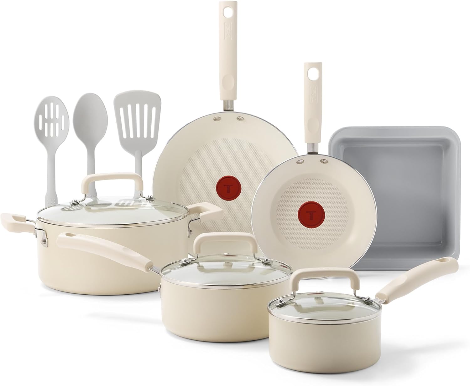 T-fal Signature Nonstick 12 Piece Cookware Set, Oven Safe Up to 350°F, Dishwasher Safe, Pots and Pans Set, Includes Frying Pans, Saucepan, Stockpot, Cooking Utensils, Cream