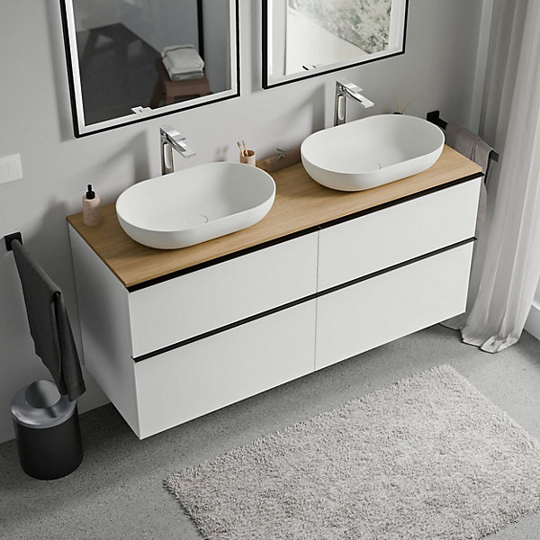 Meuble sous vasque suspendu MDF Blanc mat, plan vasque Chêne miel, poignée Chrome - 120x46x62cm - LAVOA