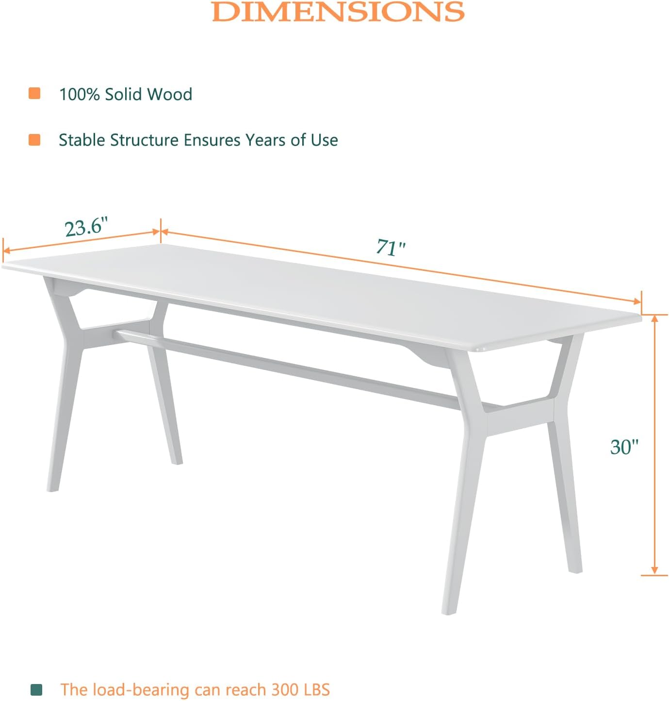 Solid Wood Study Desk - 71 Double Long Computer Table for Home Office, 2-Person PC Workstation, White