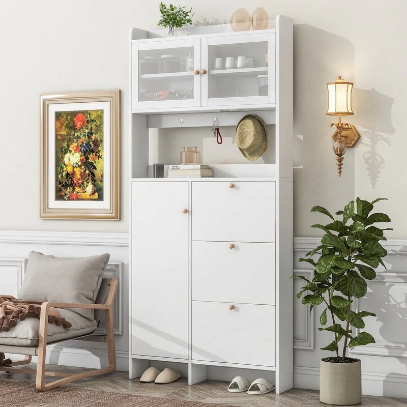 Hall Tree Shoe Cabinet with Open Storage Space, Multi-functional Foyer Cabinet with 3 Flip Drawers for Hallway, White
