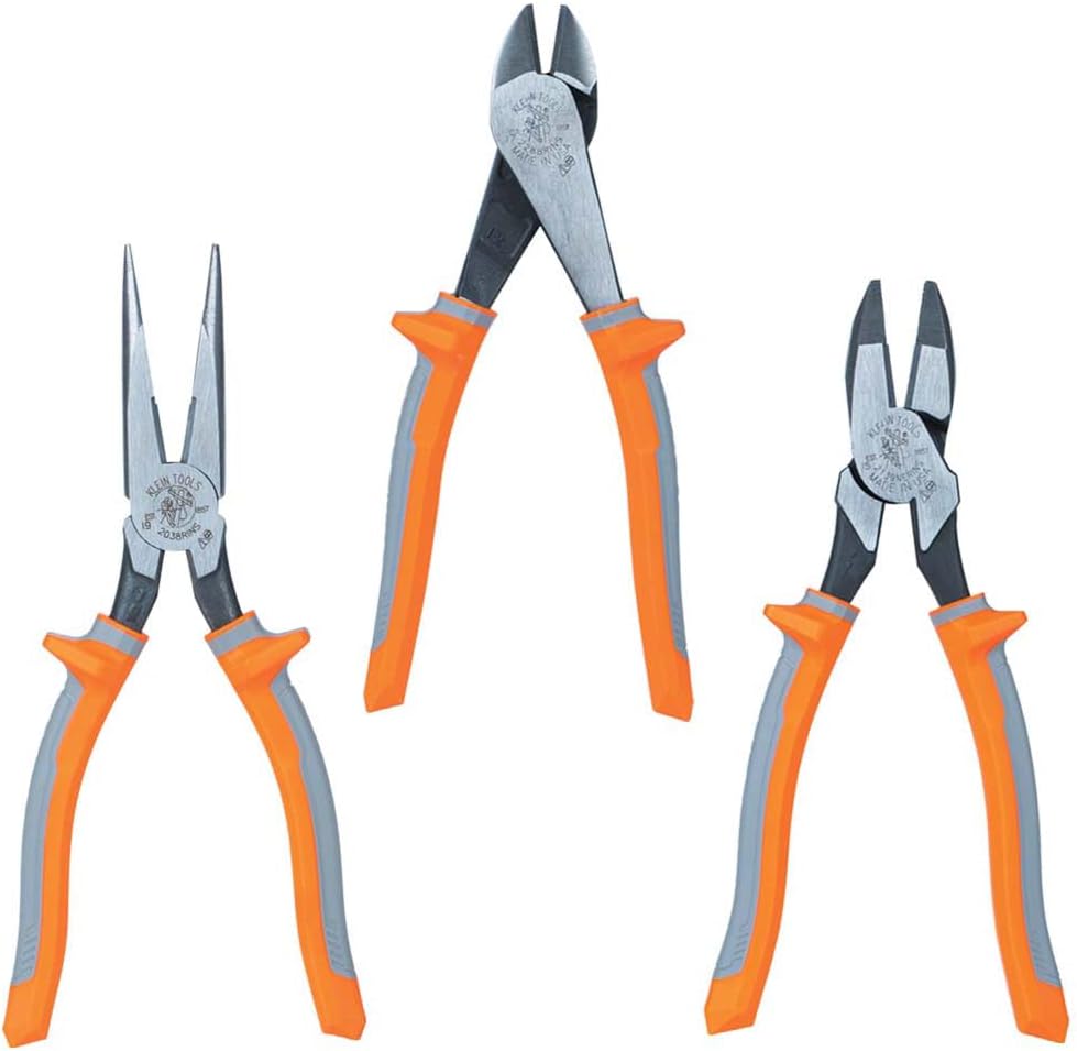 Klein Tools 9420R 1000V Insulated Plier Tool Set, Made in USA, with Long-Nose, Side-Cutting, and Diagonal Cutting Pliers, 3-Piece
