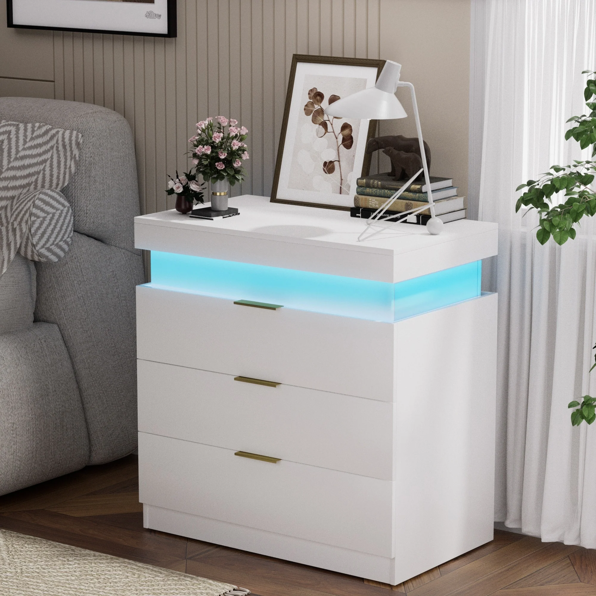 Nightstand with Charging Station and LED Lights,Night Stand with Sliding Top for Bedroom,Bedside Table with Drawers
