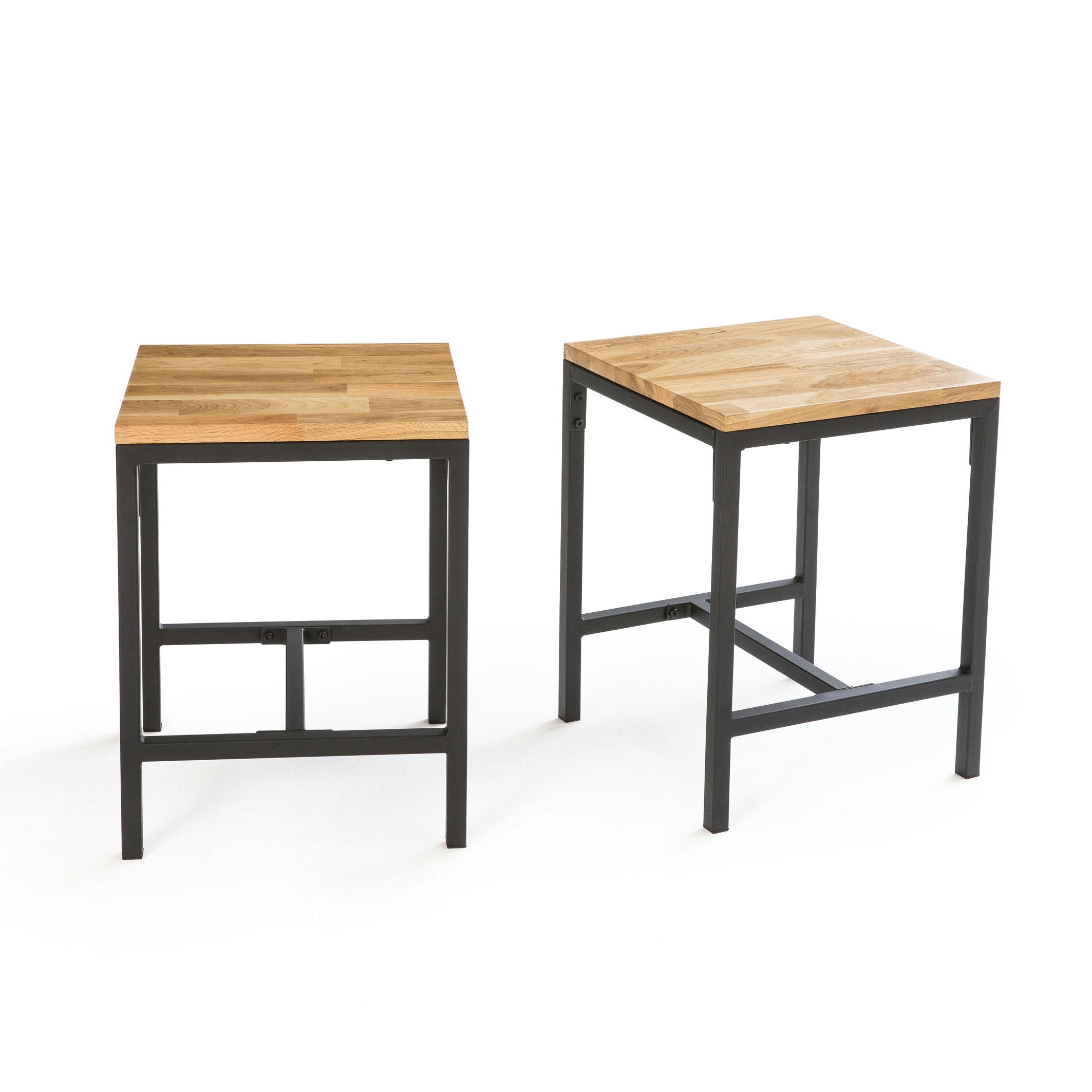 Lot de 2 tabourets chêne massif et acier, Hiba
