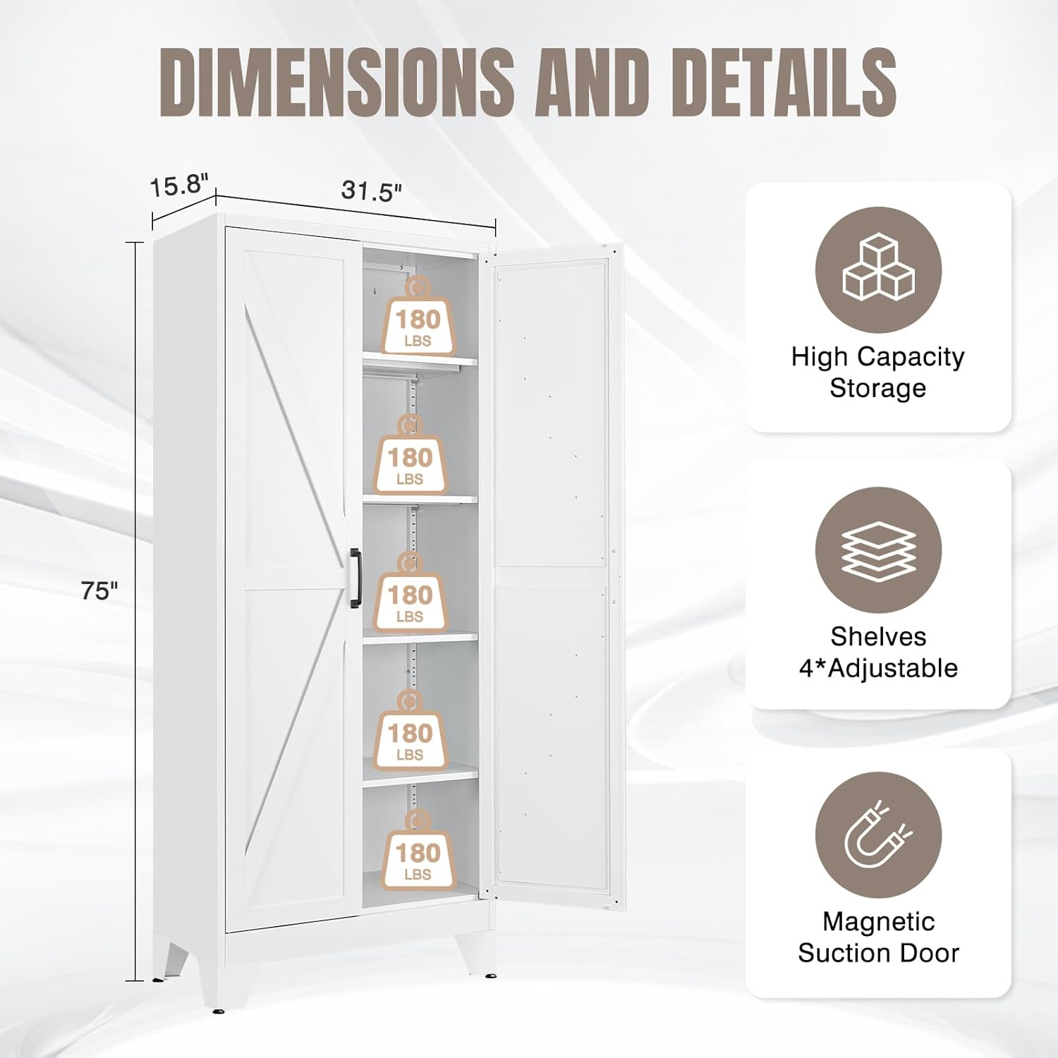 Yizosh Metal Storage Cabinet with Doors and 4 Adjustable Shelves - 75 White Kitchen Pantry Storage,4-Tier Tall Steel Cabinet Locker for Kitchen,Living Room,Dining Room