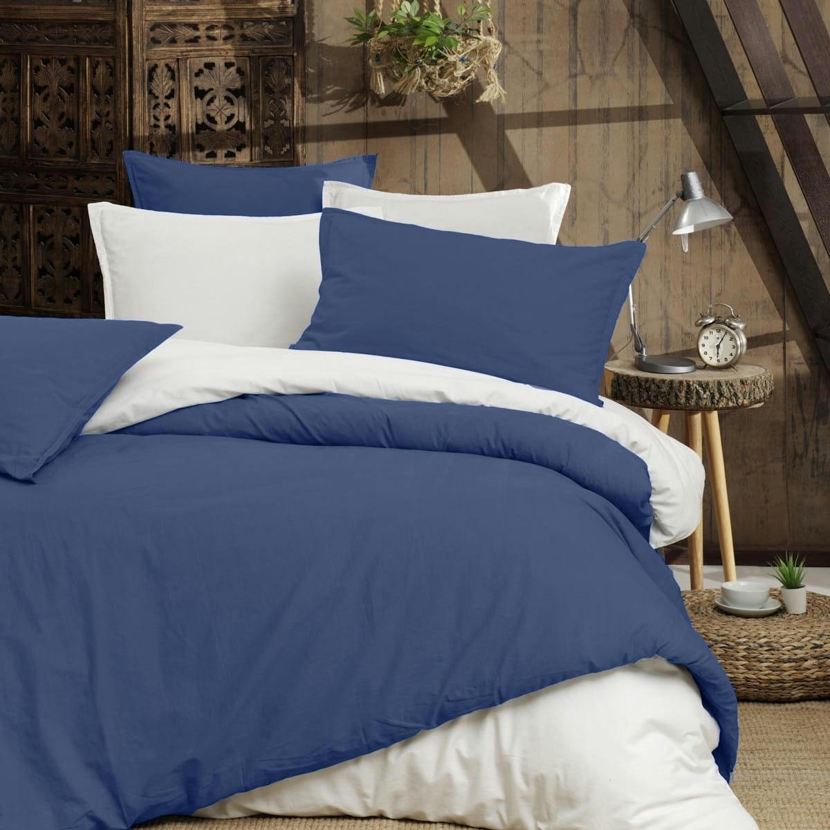 HOME WASHED - Drap housse en percale lavée bonnet 30 cm  indigo 160x200 cm