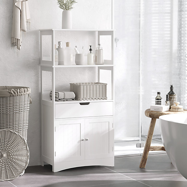 Meuble de rangement salle de bain - 2 portes, tiroir, 3 étagères - dim. 60L x 33l x 122H cm - MDF blanc