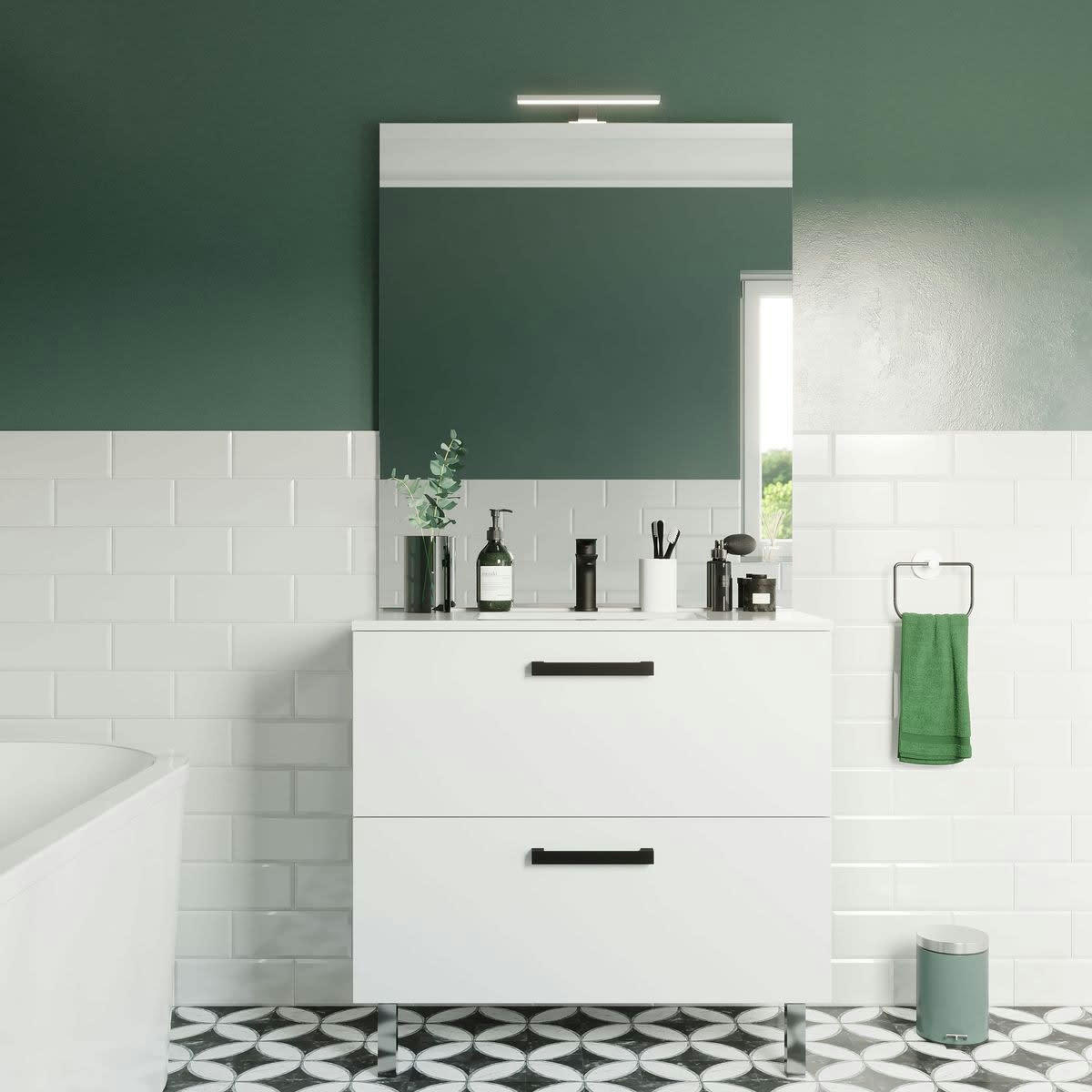 CHELSEA - Meuble salle de bain vasque intégrée 90cm 2 tiroirs Blanc