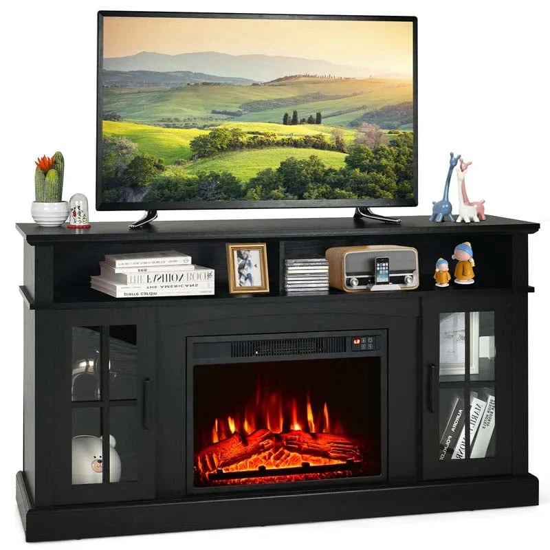 58 TV Console with 23 Fireplace Insert, Fireplace TV Stand for TVs up to 65 Inches, 1400W Electric Fireplace Heater(Black)