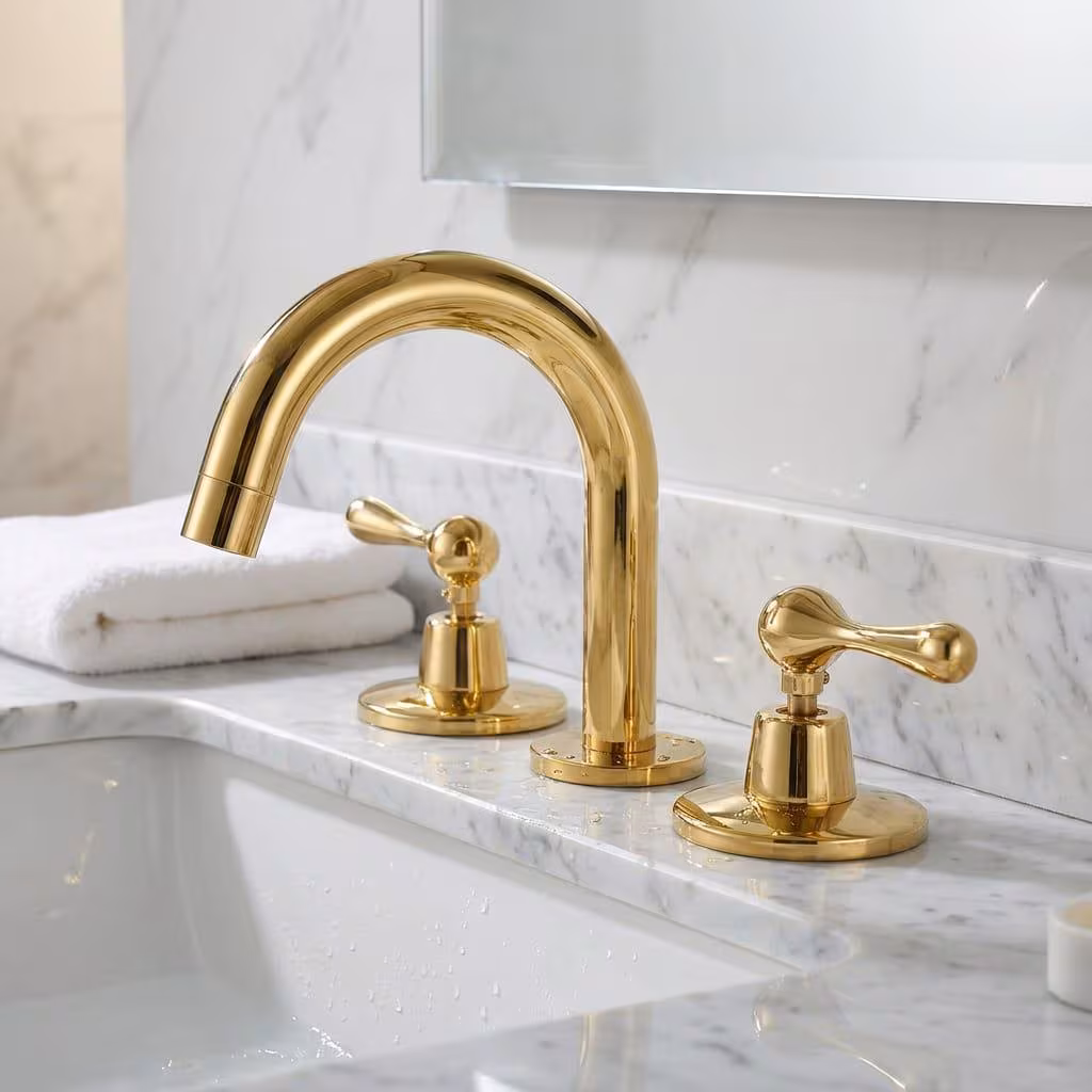 Unlacquered Brass Bathroom Faucet, Widespread Vanity Fixture, Vintage Gold Basin Spout