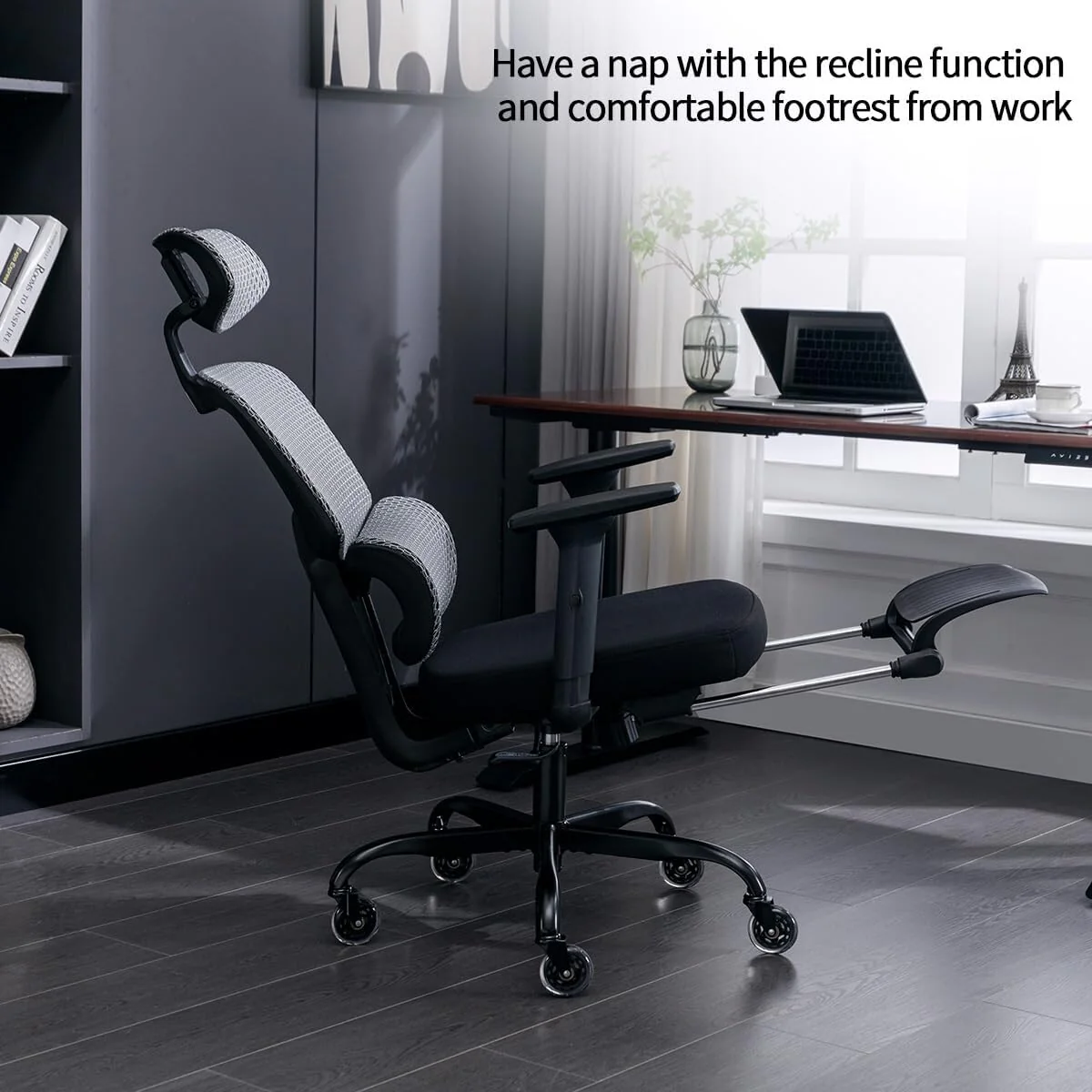 Ergonomic Office Chair with Foot Rest, Rubber Wheels Desk Chair