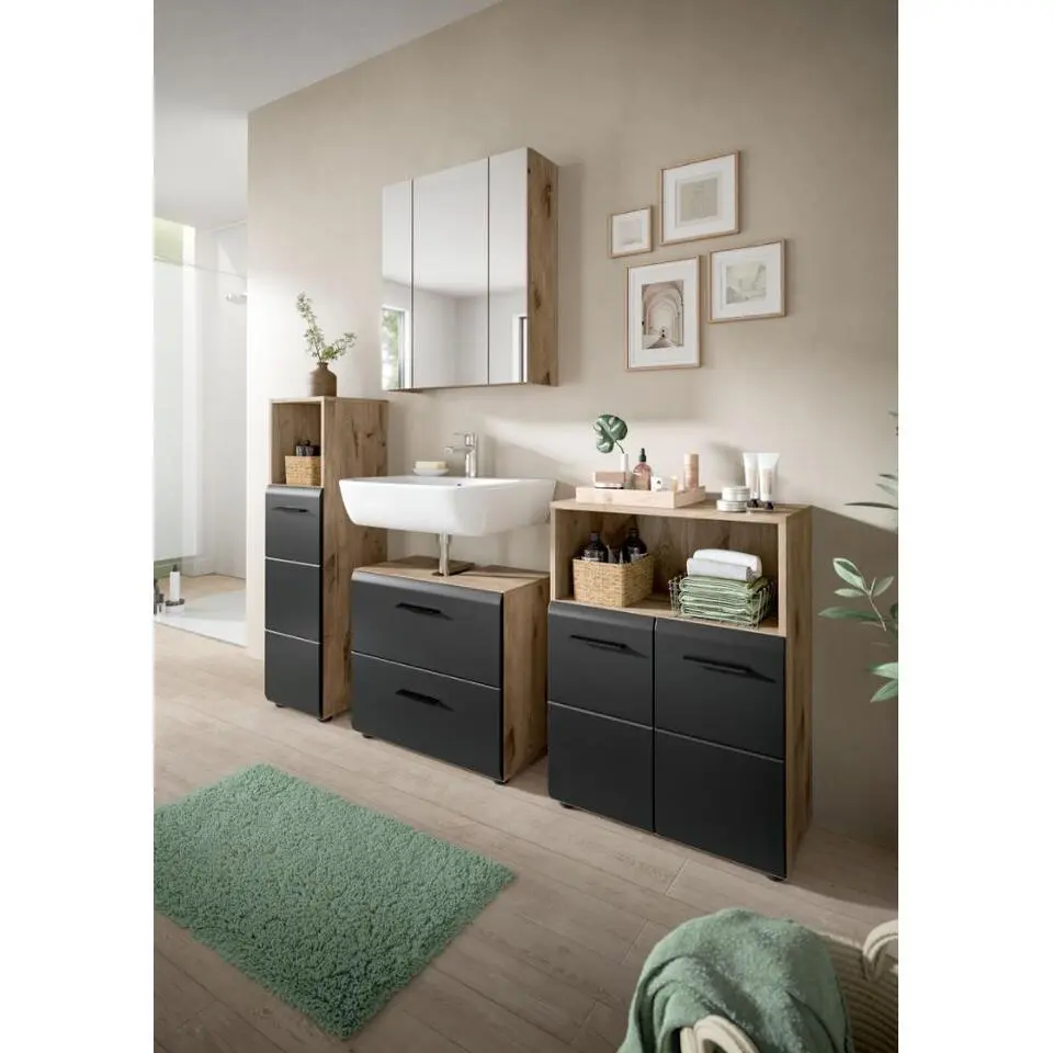 Hioshop Ice badkamerkast 1 deur- 1 plank zwart mat- eiken decor