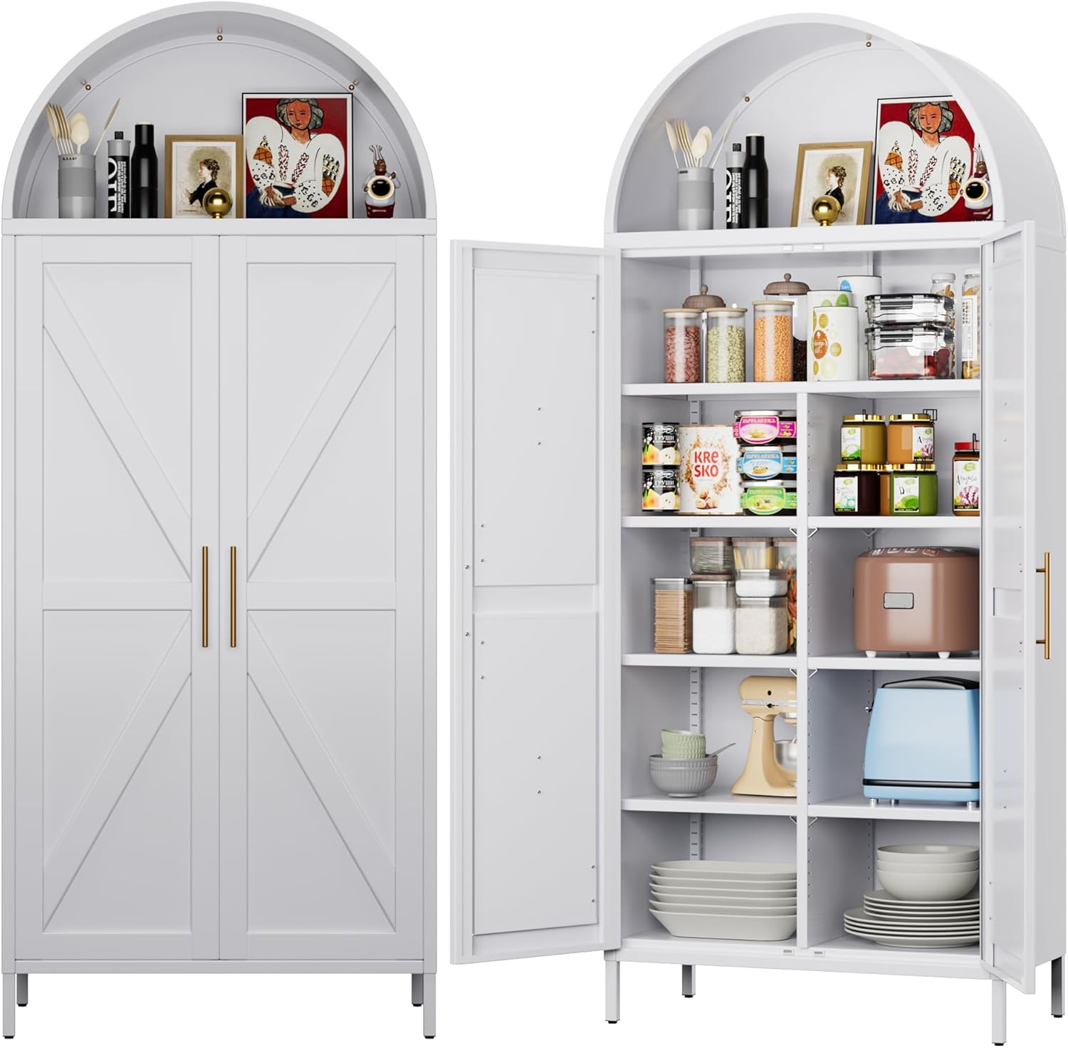 73 Tall Arched Kitchen Pantry Cabinet with 6 Adjustable Shelves, Farmhouse Metal Storage Cabinet with 2 Doors, Reinforced Rice-Shaped Embossed Panels, Tall Pantry Storage for Home Office