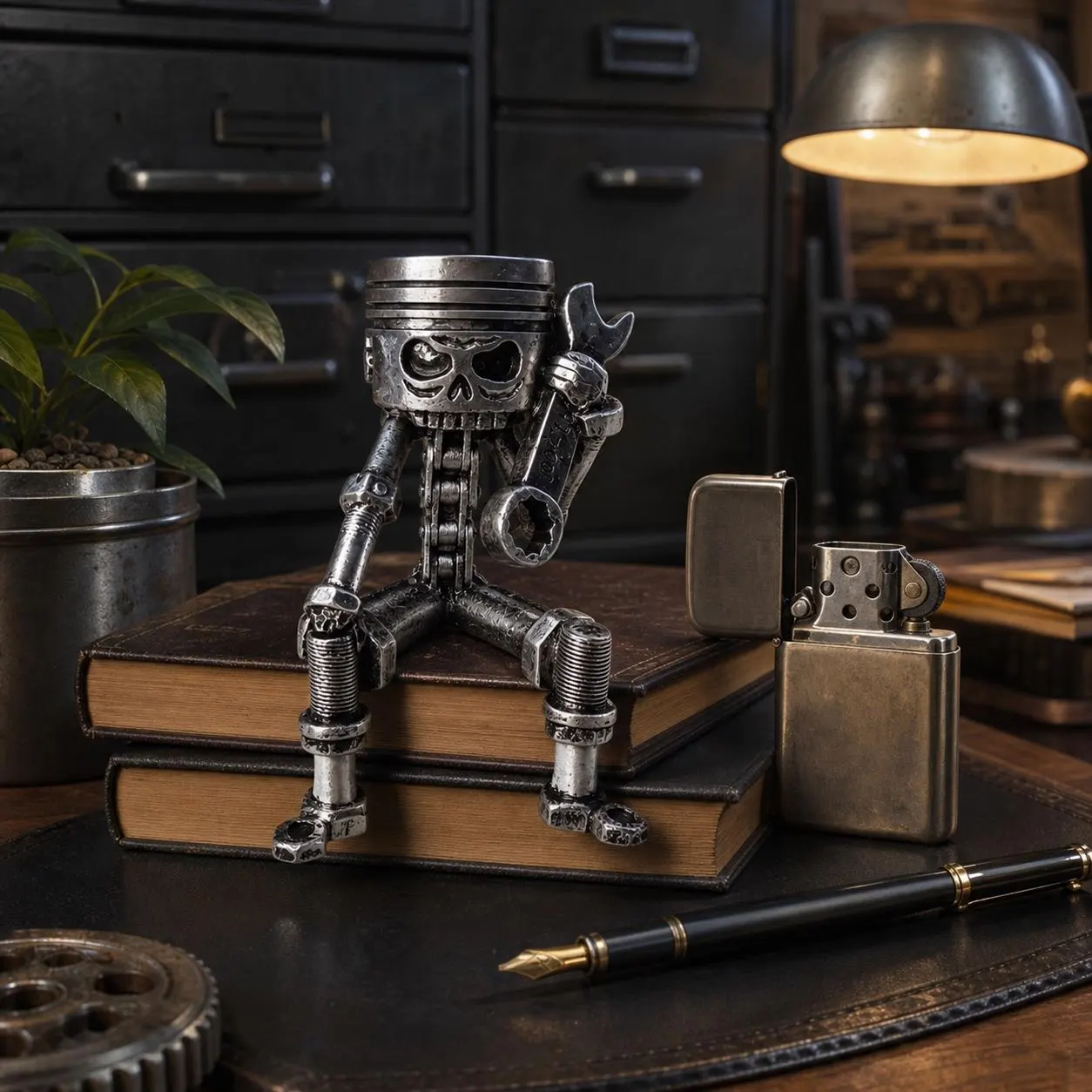 Skull Desk Decor, Mechanic Sculpture, Industrial Gothic Statue, Metal Look Wrench Figure, Garage Office Decor, Steampunk Shelf Gift