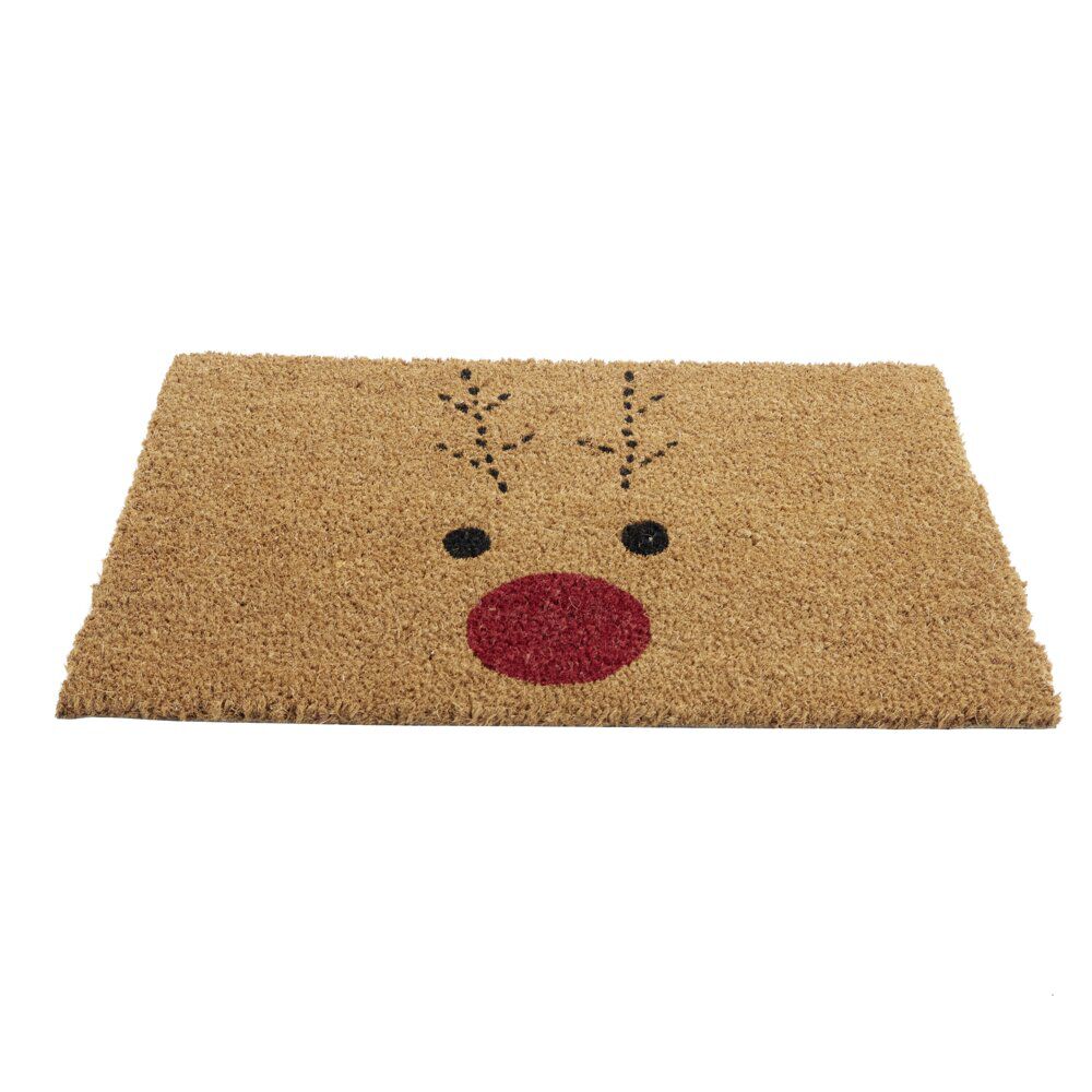 Tapis d'entrée No&euml;l rectangulaire coco motifs renne nez rouge 40x60cm