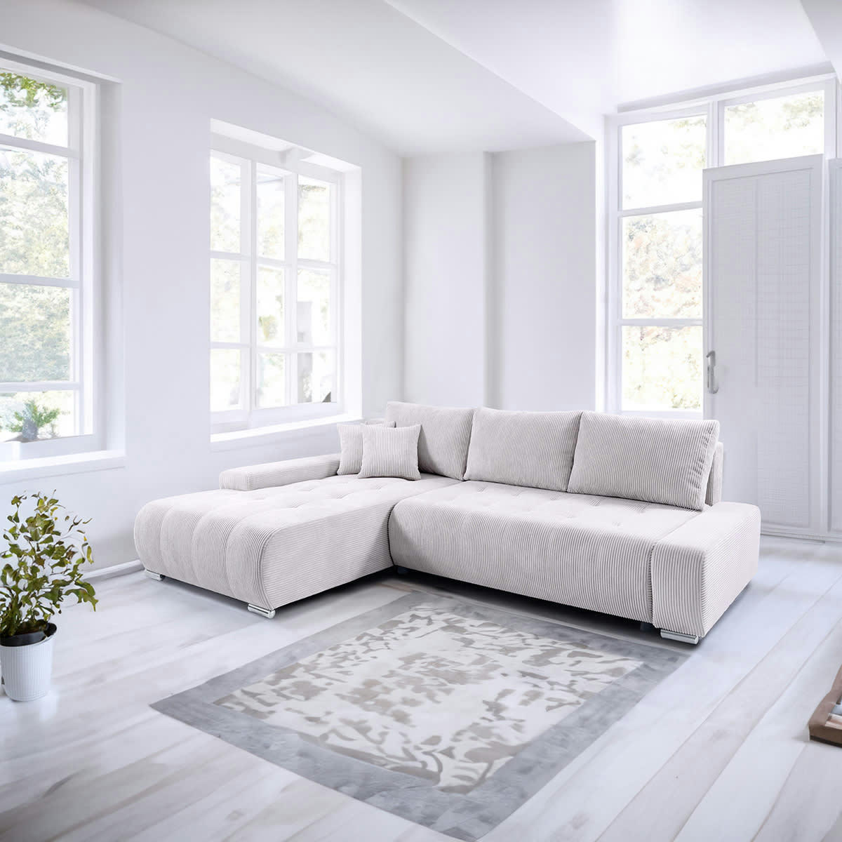 - Canapé d'angle convertible gauche 4 places coffre velours côtelé blanc