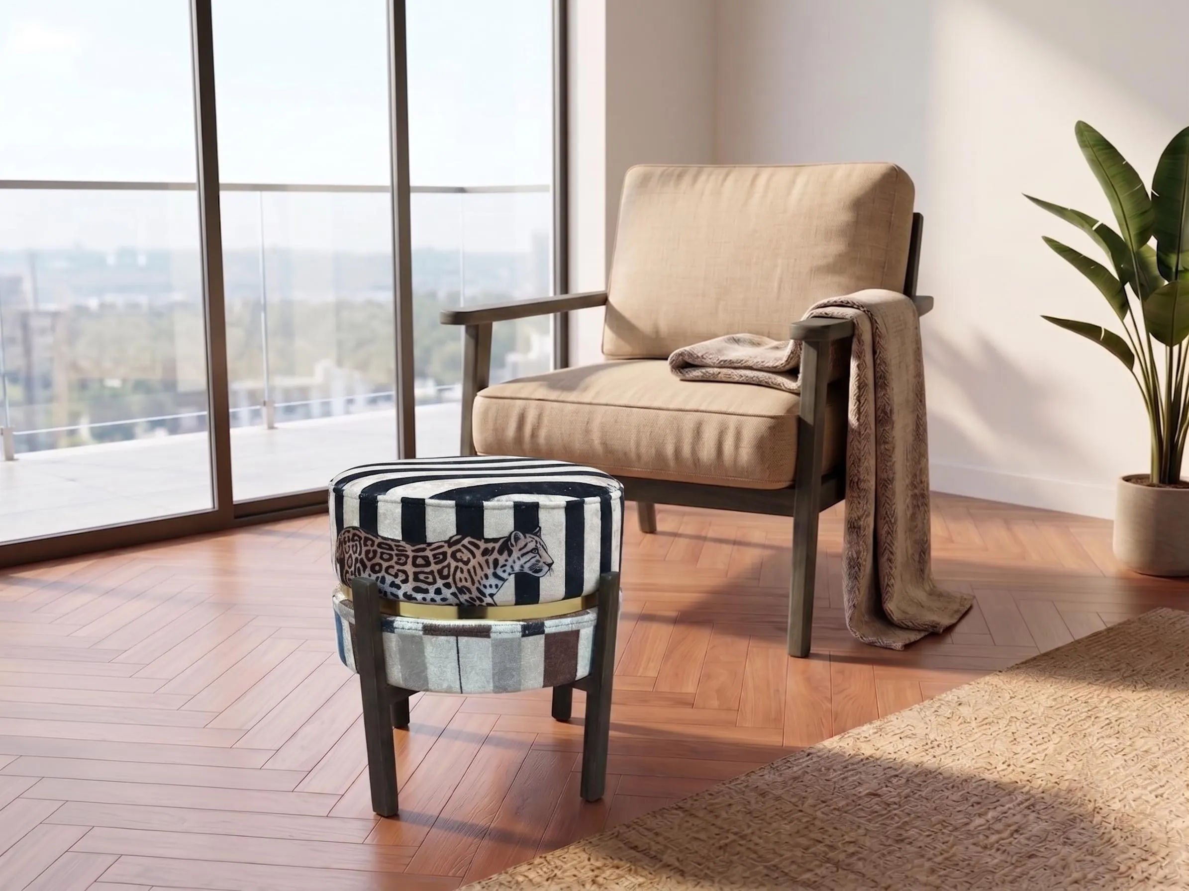 Exotic Leopard Stripe Reversible Pouf | Artistic Wood Side Table Ottoman RB 2135/2159