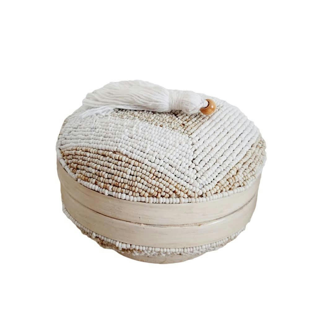 BORA - Boîte en bambou et perles, blanc D14 x H10 cm