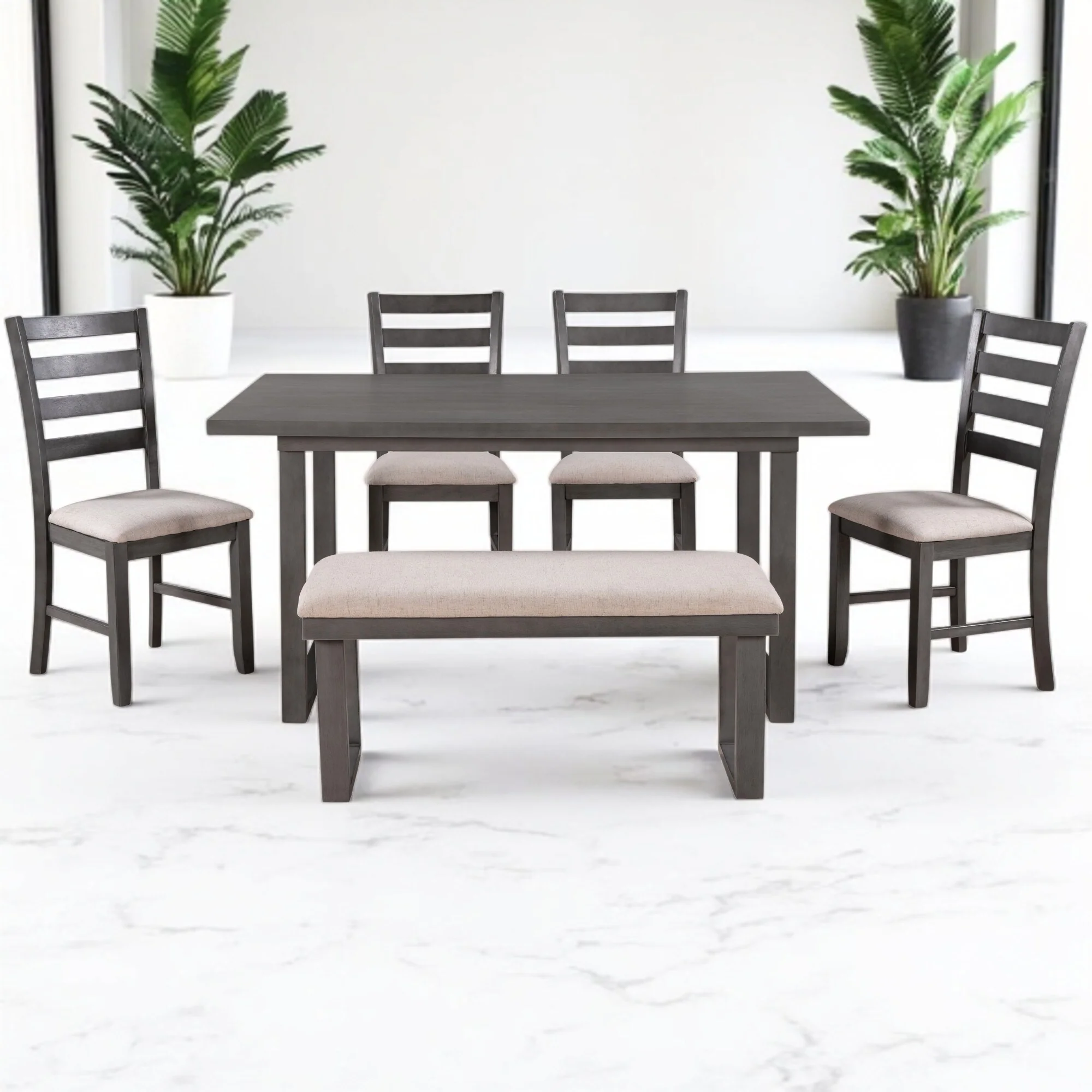 6-Piece Dining Set, Solid Wood Dining Table with 4 Upholstered Chairs & Bench, Minimalist Design for Kitchen, Dining Room