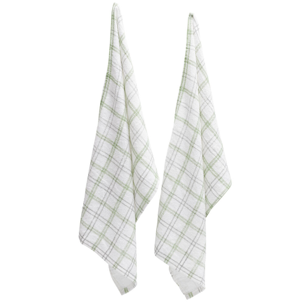Torchon éponge x2 polycoton quadrillé blanc et vert 38x63cm
