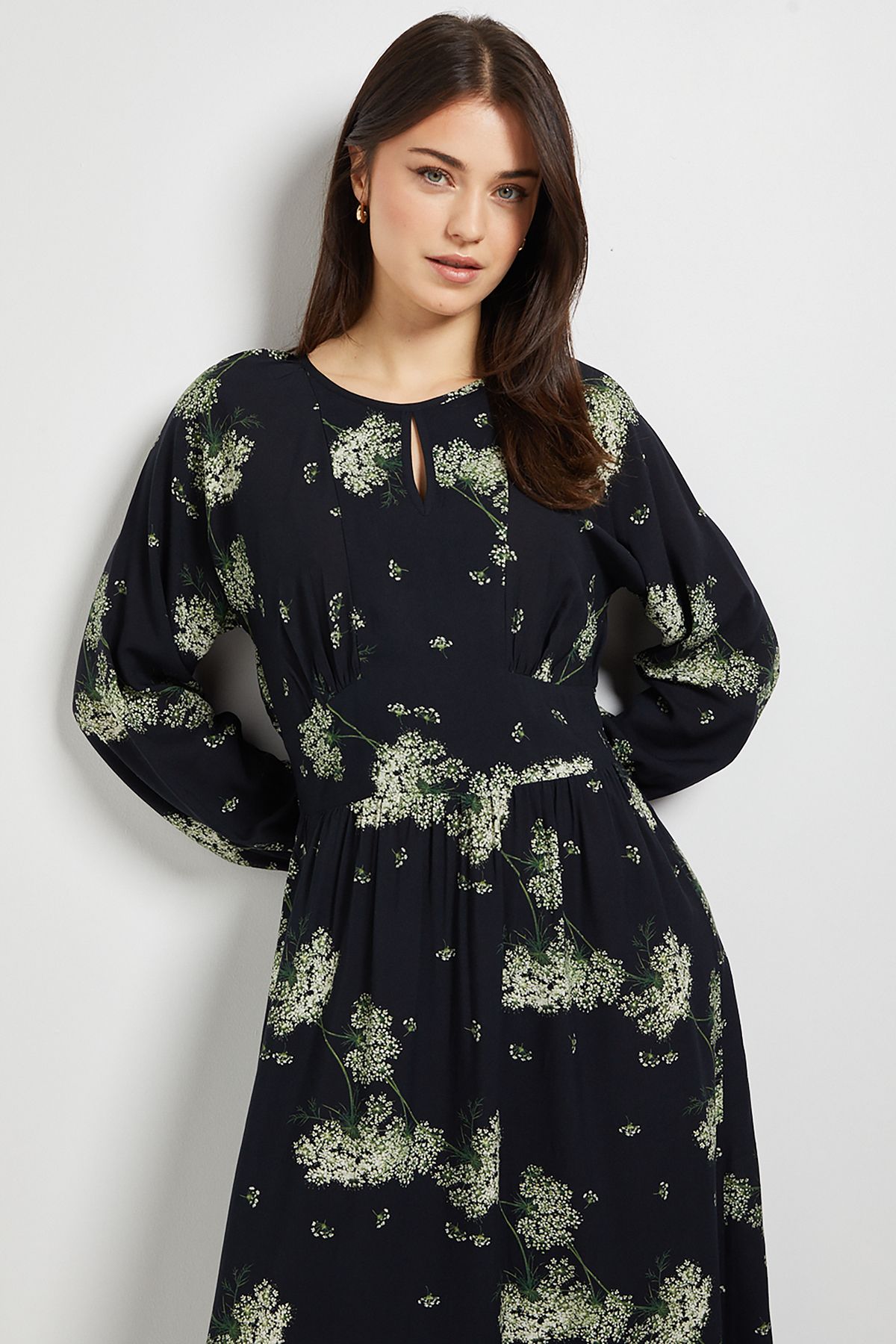 Dorothy Perkins Black Floral Blouson Sleeve Keyhole Detail Midi Dress