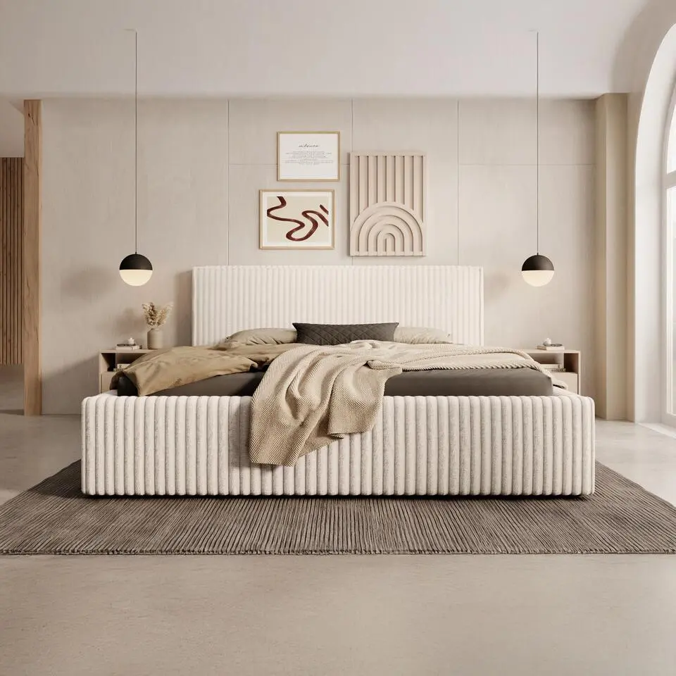 Meubella - Tweepersoonsbed Infinity - Beige - Fluffy ribstof - 160x200