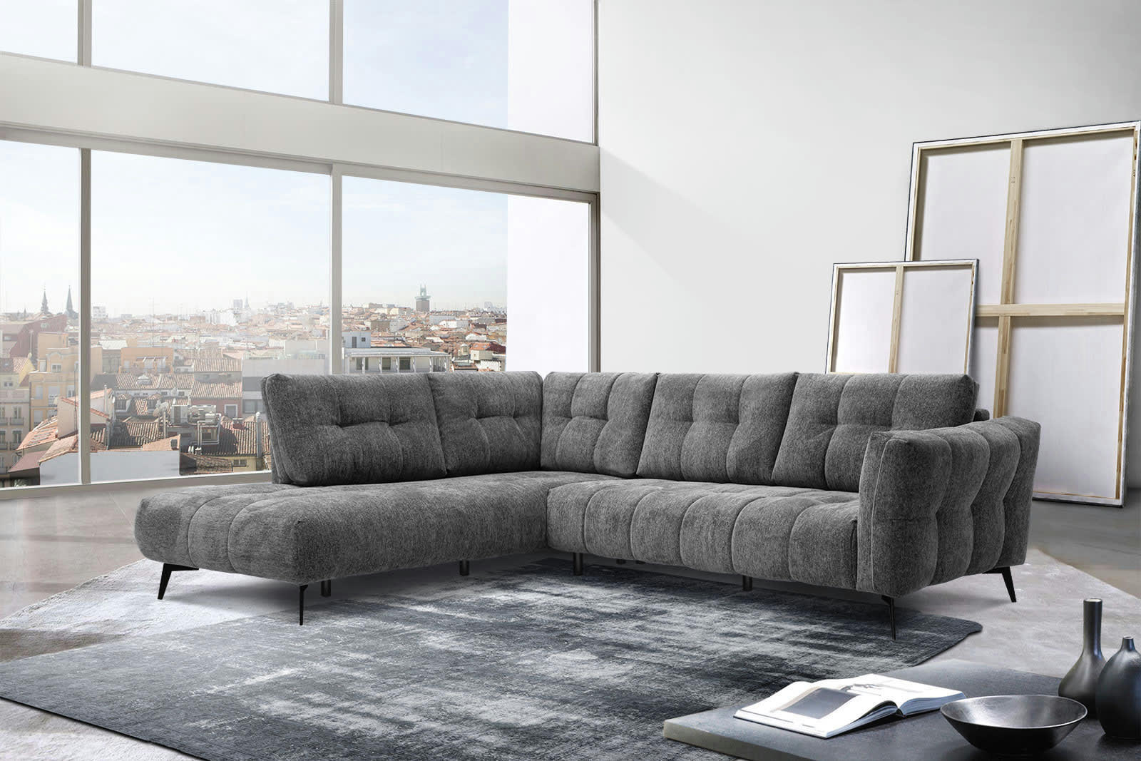 KALMER - Canapé d'angle gauche 5 places tissu gris foncé