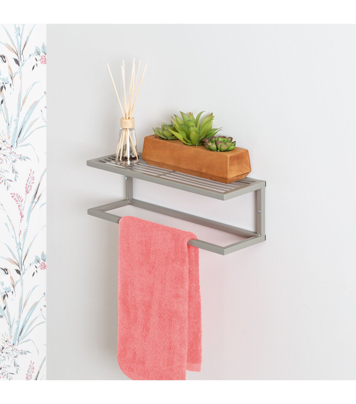 Honey Can Do 16 x 5 Satin Nickel Slatted Bath Shelf With Towel Bar