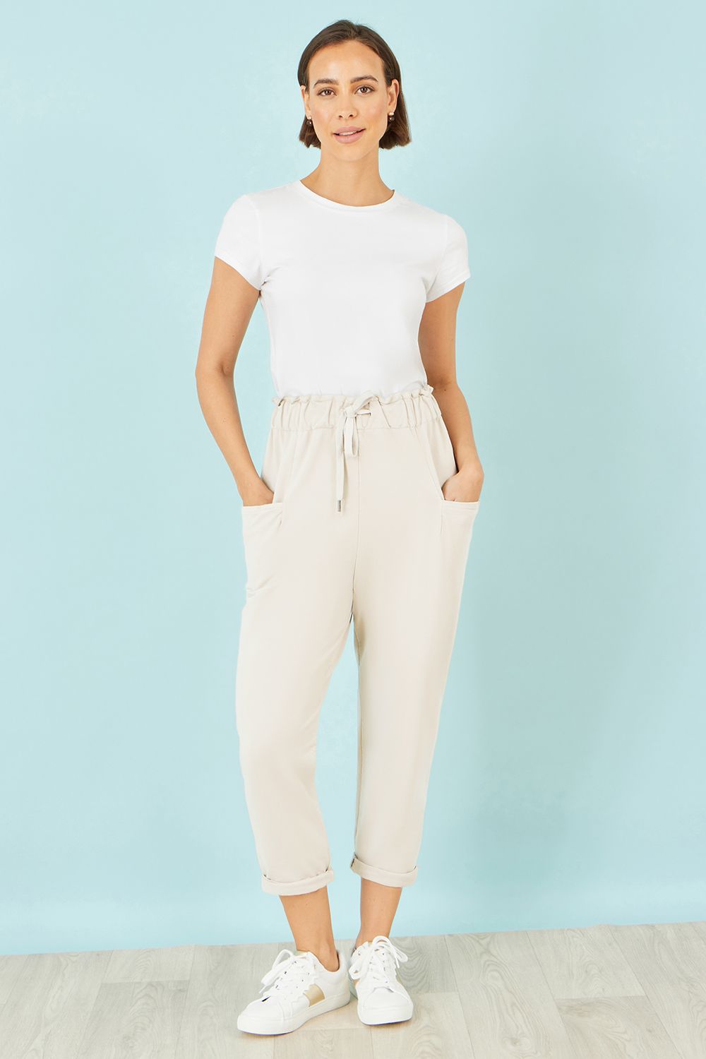 Yumi Cream Cotton Relaxed Stretch Trousers With Pockets