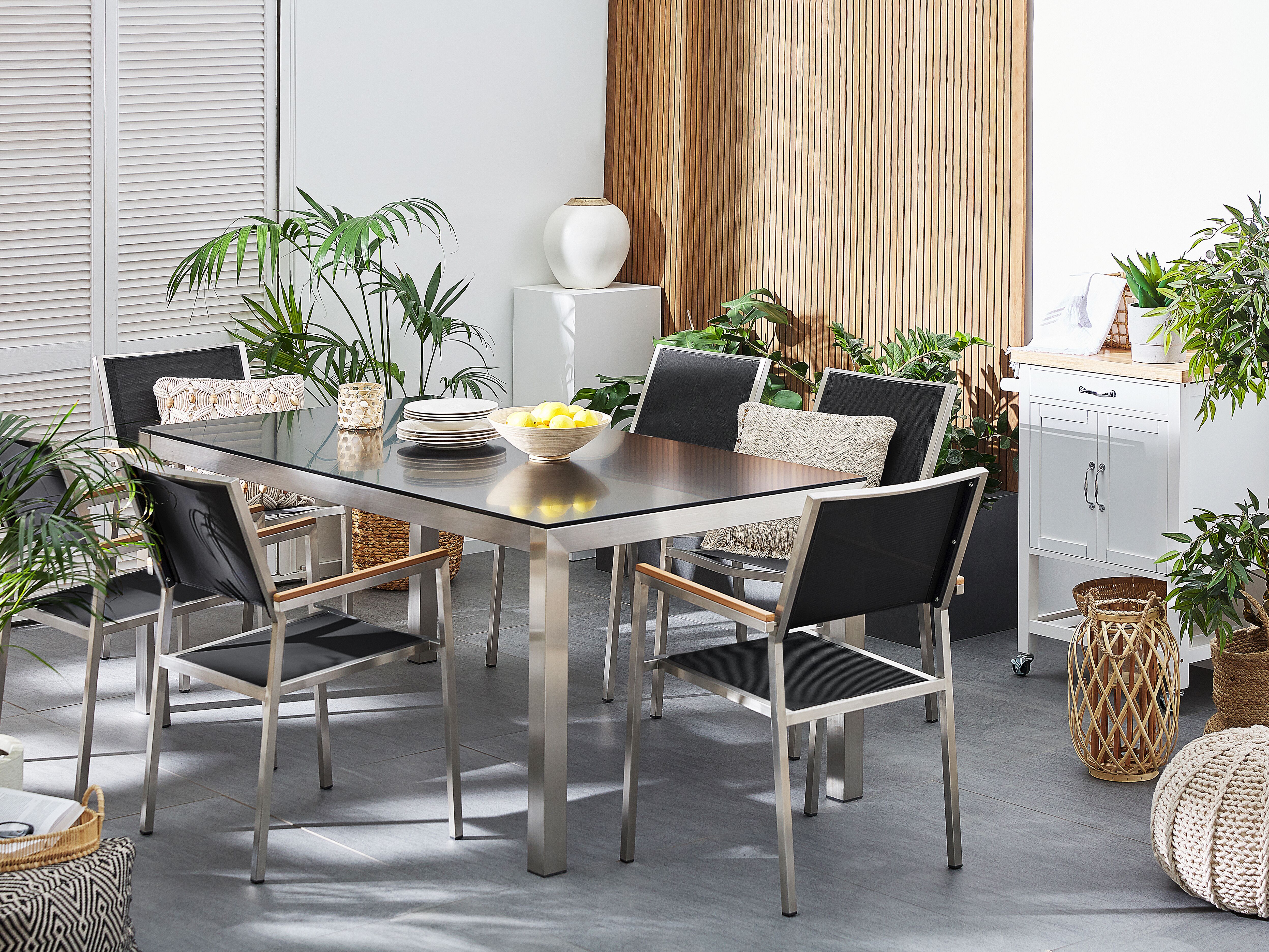 Garden Dining Set 6 Seater GROSSETO Tempered Glass Black