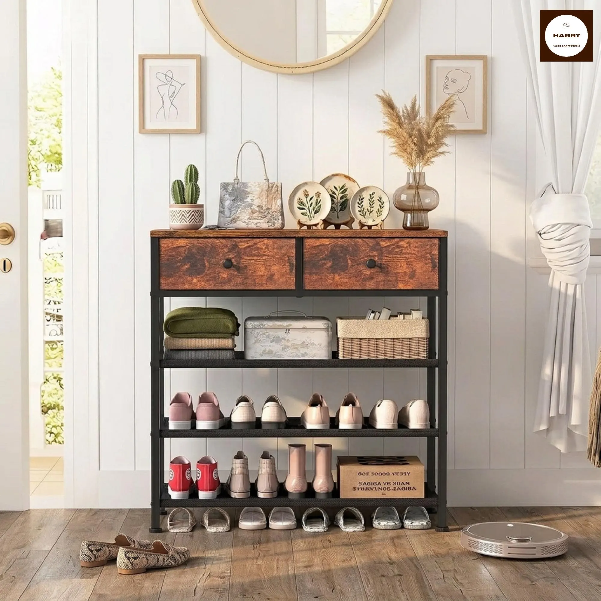 Rustic Wood Shoe Rack with Drawers, 4 Tier Shoe Organizer for Entryway, Industrial Metal Shoe Shelf, Small Space Shoe Storage Cabinet