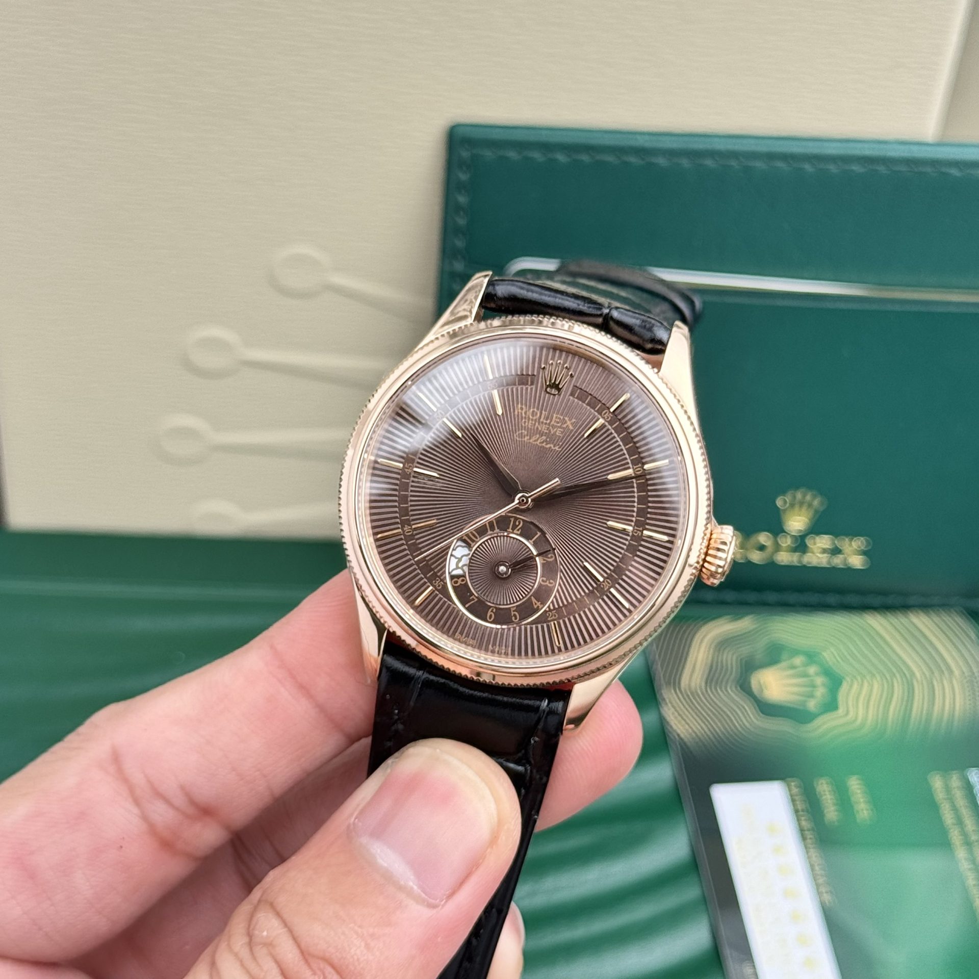 Rolex Cellini 50525 RG Plated Chocolate Dial 39mm Leather AAA Replica