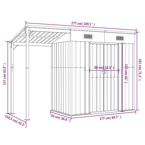 NNEVL Garden Shed with Extended Roof Light Brown 277x110.5x181 cm Steel