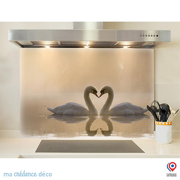 Crédence cuisine fond de hotte cygnes et coeur - Verre trempé - L 60 cm x H 45 cm - MaCrédenceDéco