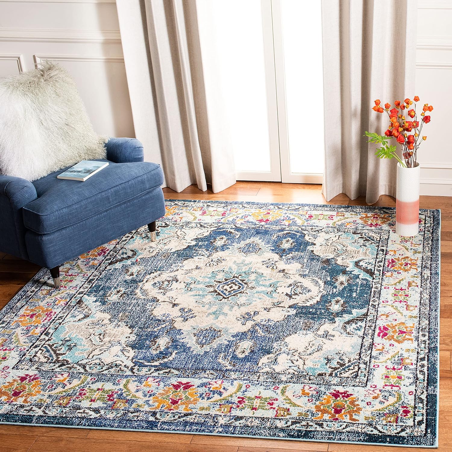 SAFAVIEH Monaco Collection Area Rug - 12' Square, Navy & Light Blue, Non-Shedding & Easy to Clean, Distressed Medallion Design, Ideal for Living Room, Bedroom, Dining Space (MNC243N)