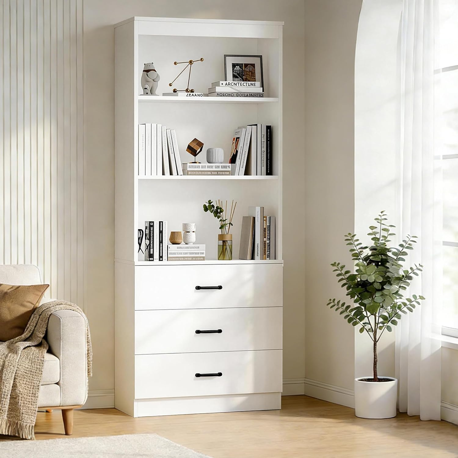 70 H Bookshelf with Drawers, Tall Bookcase with 3-Tier Open Shelves, Bookshelf and Bookcase with Storage Cabinet for Home Office,Living Room(White, 6-Tier)