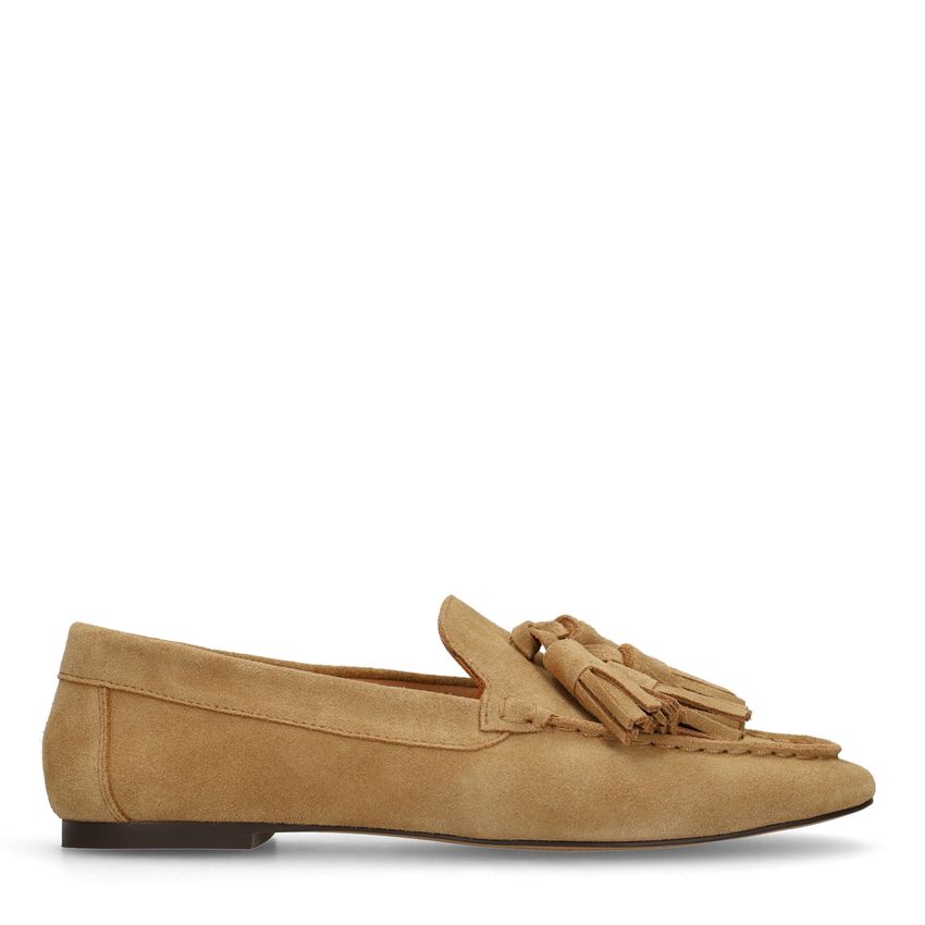 Manfield Beige suède loafers met franjes