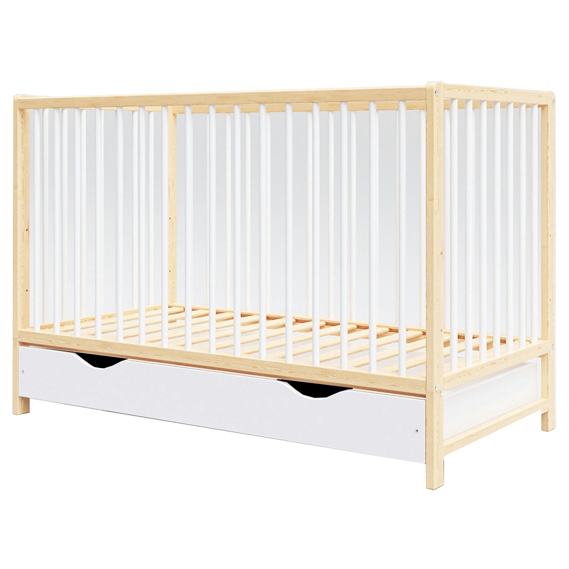 ANNA - Lit bébé évolutif en bois blanc et pin avec tiroir - 120x60 cm