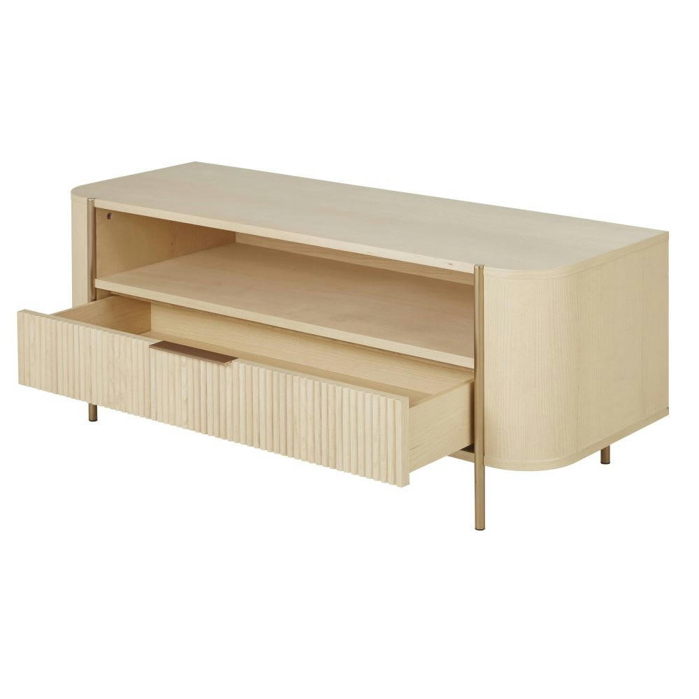 Ormond - Meuble TV 1 tiroir beige et métal coloris laiton