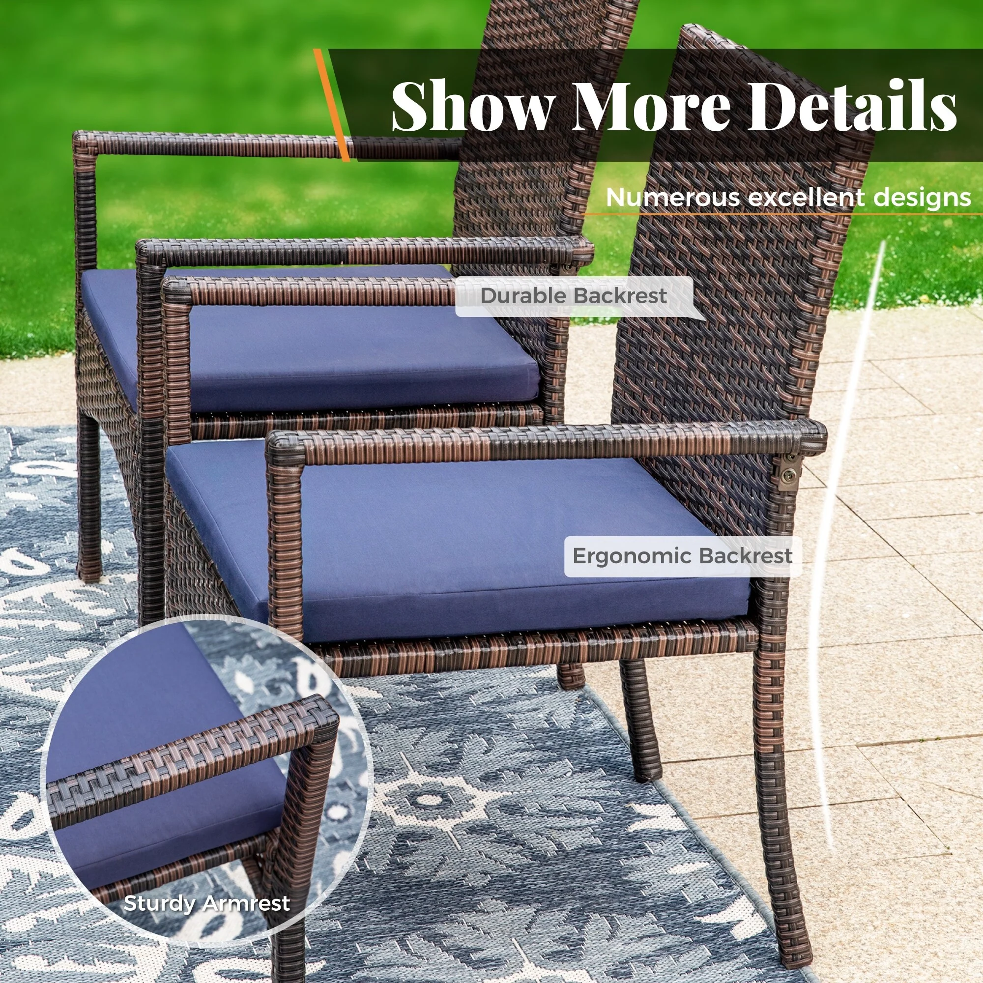 MAISON ARTS 2 Pieces Outdoor Rattan Dining Chair Set with Cushions