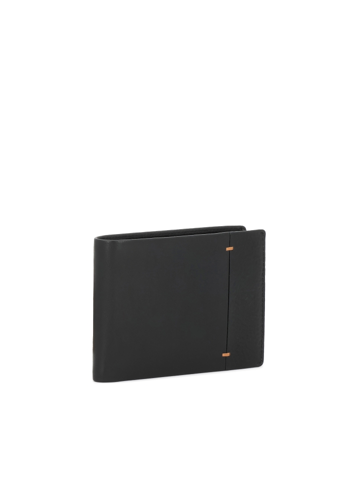 Black wallet decorated with brown threads