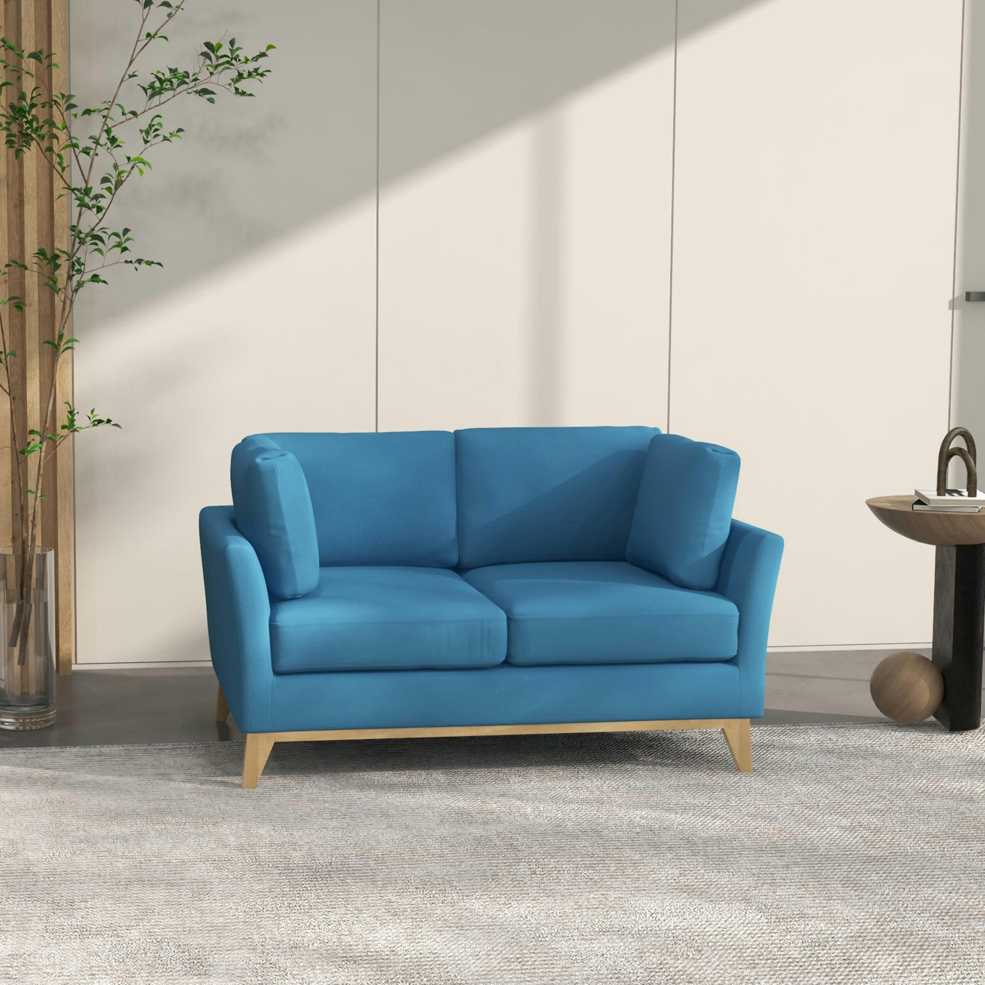 - Canapé 2 places style scandinave piètement bois hévéa tissu bleu