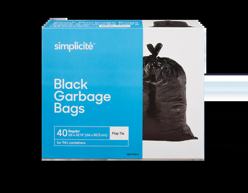 simplicité Regular 4-Flap Ties Outdoor Garbage Bags, 40-pk, Black, 74-L