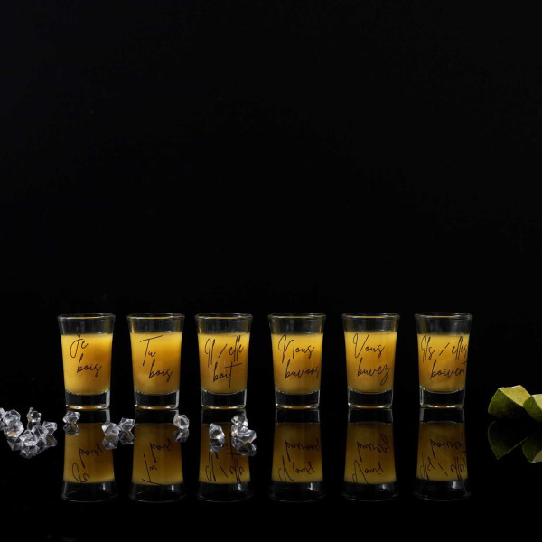 Zestaw 6 kieliszków do shotów Verres z francuskimi napisami, szkło 7 cm