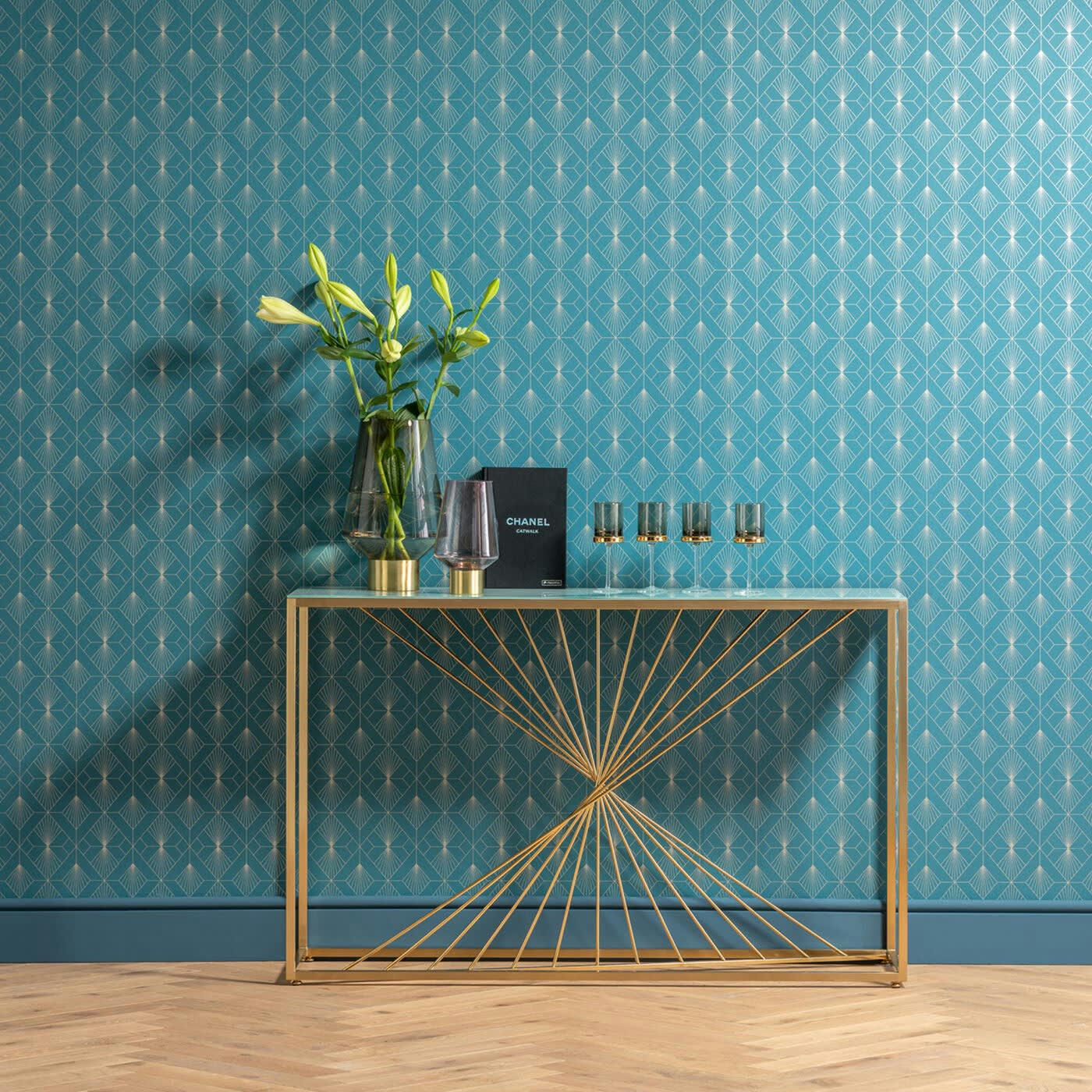 ART MARBLE - Console en verre effet marbre et acier doré