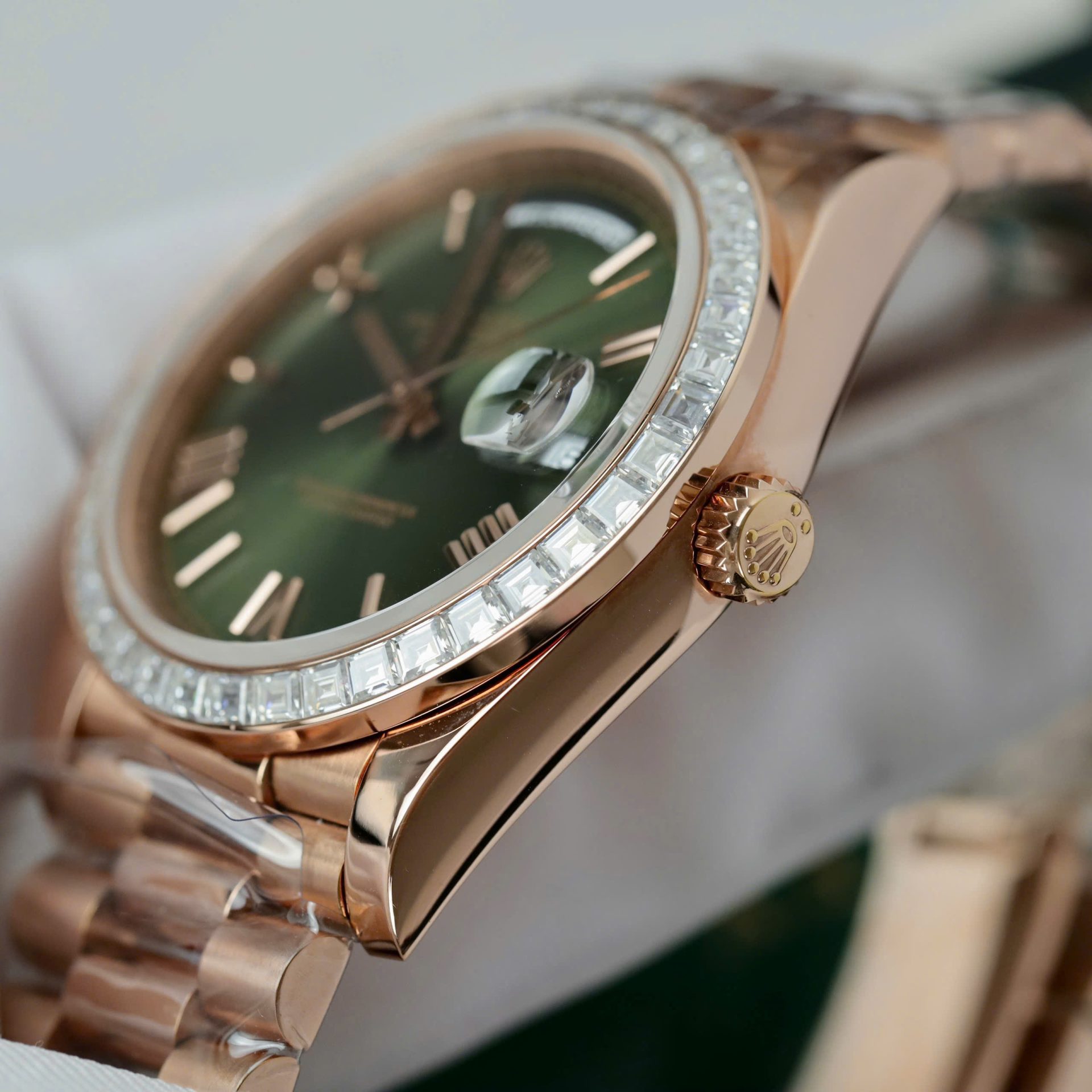 Rolex Day-Date RG Plated Green Dial Baguette Diamond 40mm Super Clone