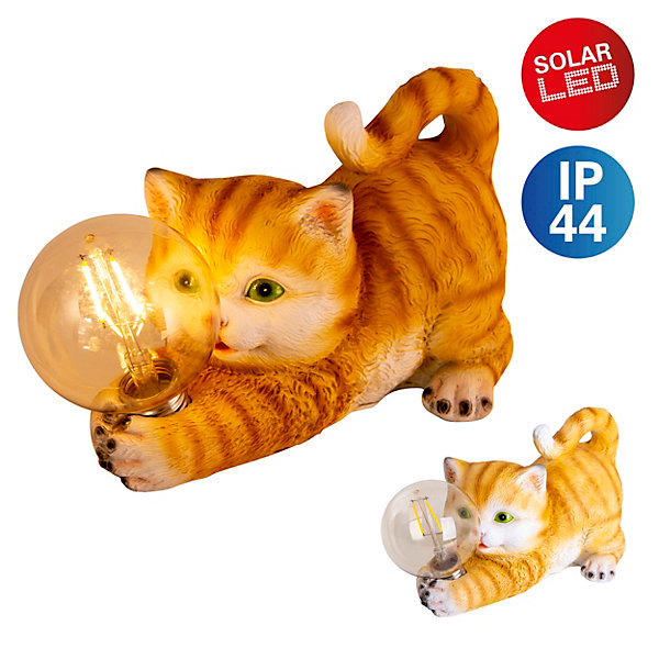 Lampe solaire d'extérieur LED 'Chat' 25 cm de long- Décoration d'extérieur en plastique brun avec LED intégrées